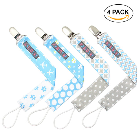 Pacifier Metal Clip (4 Pack) for Babies, Infants, and Toddlers - Unisex Modern Pacifier Holder for Binky, Soothie, Toys - Cute Durable Lightweight Baby Accessory -Boy Pack-